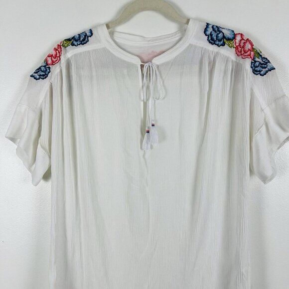 Lord & Taylor Embroidered White Blouse Sz L Short Sleeve Tunic Boho‎ Chic Beach - Picture 3 of 8